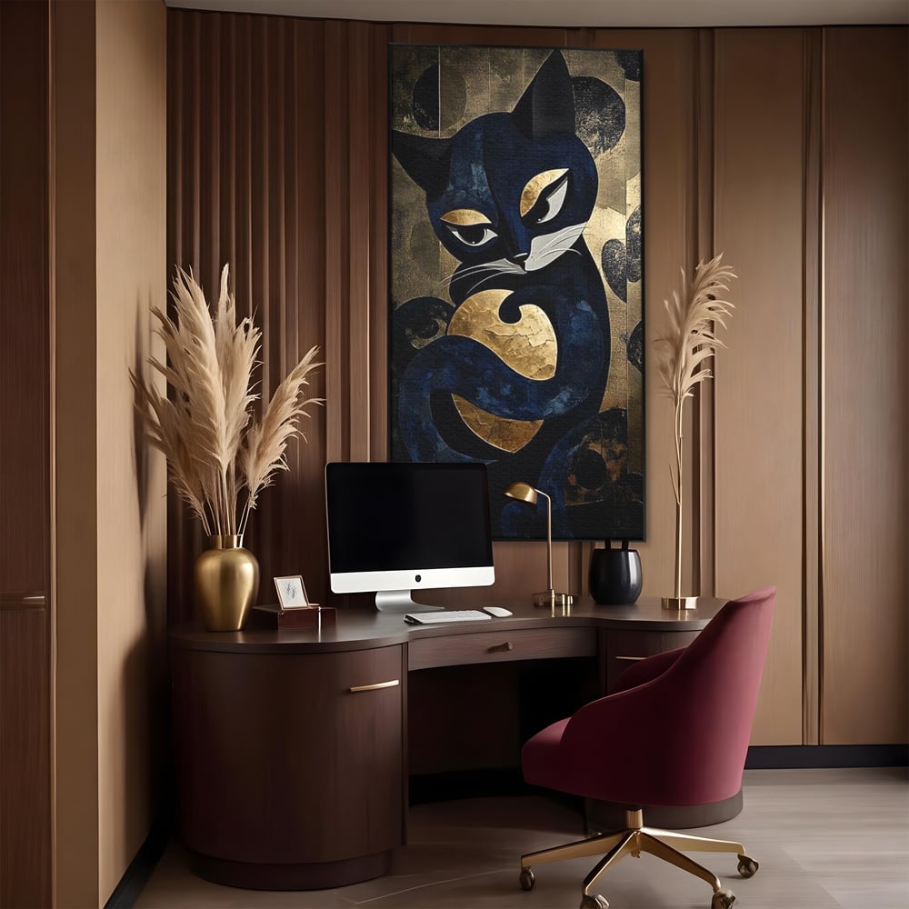 Tablou canvas cu tablou canvas cu pisica neagra si aurie, in rama de aluminiu negru, pe perete intr-un birou